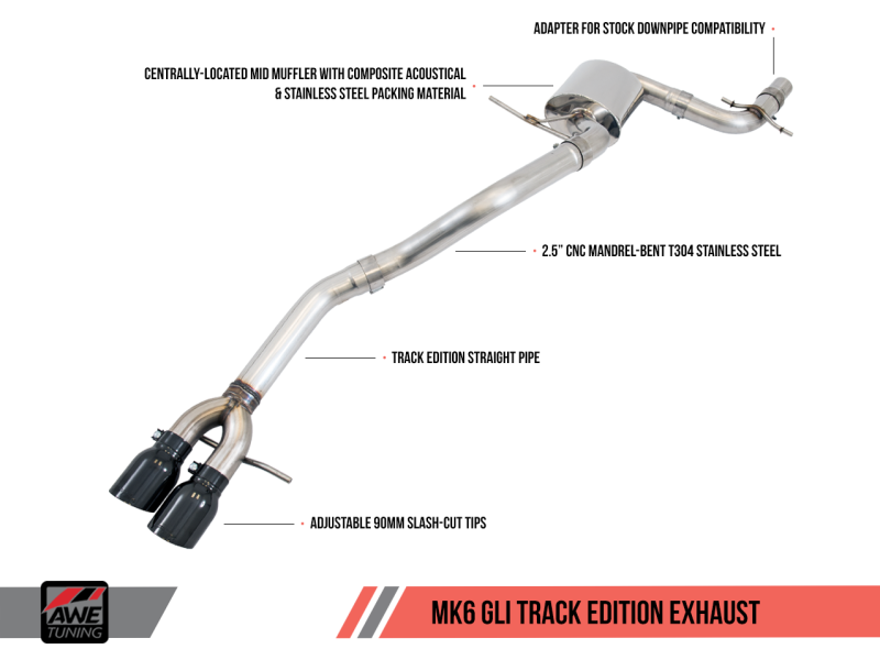 AWE Tuning Mk6 GLI 2.0T - Mk6 Jetta 1.8T Track Edition Exhaust - Diamond Black Tips thumbnail 4