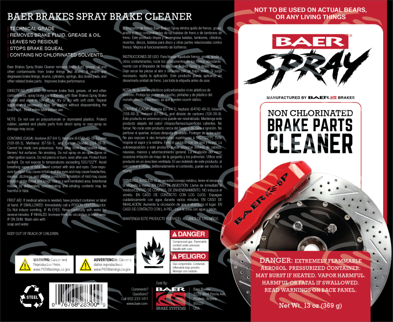Baer Brakes Spray Brake Cleaner Non-Chlorinated, Technical Grade, 13oz (369g) Can (Aerosol)