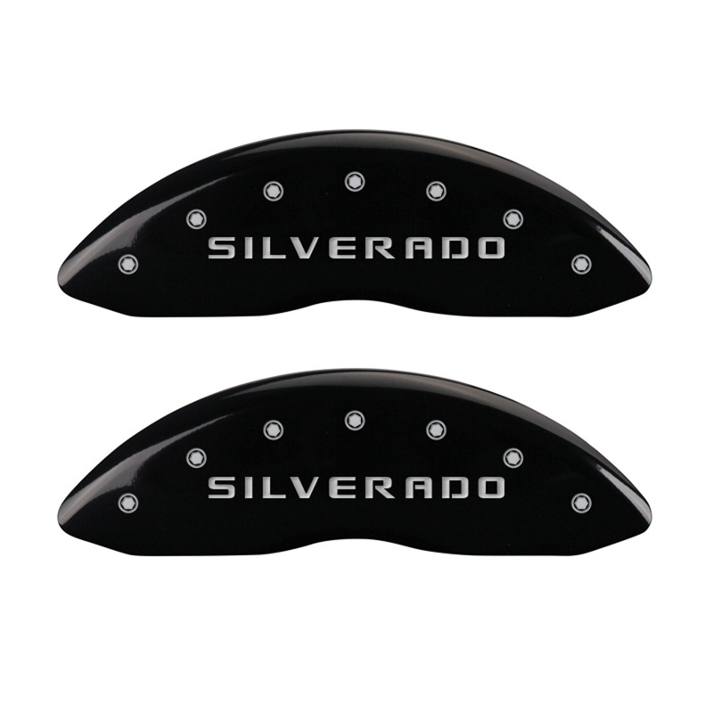 MGP Front set 2 Caliper Covers Engraved Front Silverado Black finish silver ch thumbnail 3