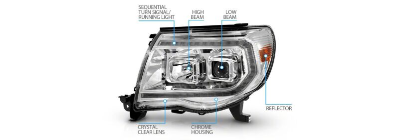 Raxiom 05-11 Toyota Tacoma Axial Series Switchback Proj Headlights- Chrome- Clear Lens thumbnail 7