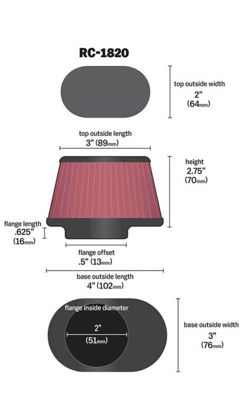 K&N Filter Universal Clamp-On Filter 2in Flange / 2-23/32in Base / 3in x 2in Top / 2-3/4in Height thumbnail 3