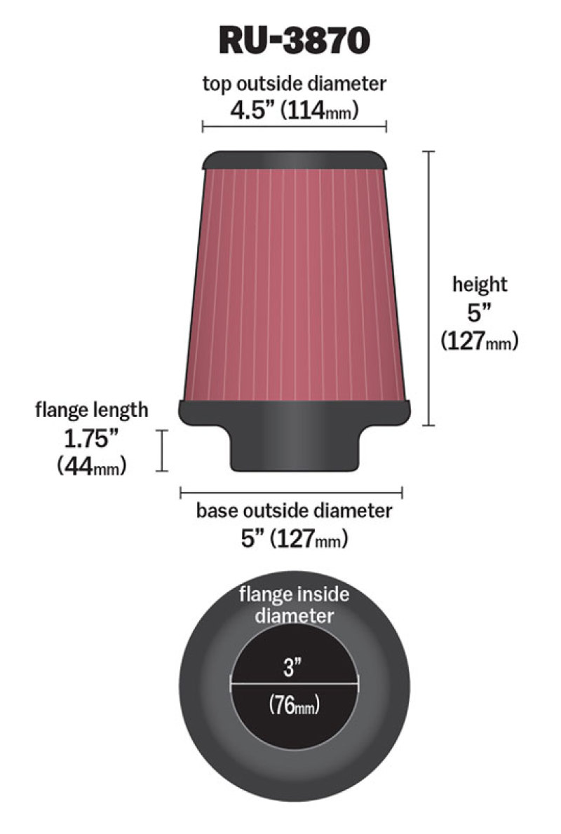 K&N Universal Clamp-On Air Filter 3in FLG / 5in B / 4-1/2in T / 5in H thumbnail 2