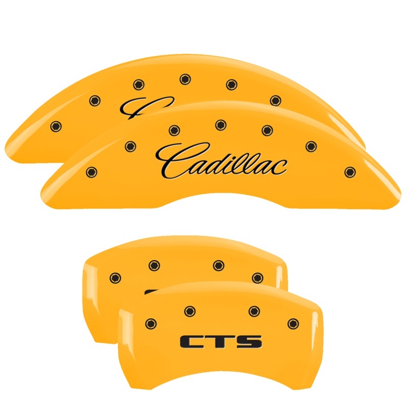 MGP 4 Caliper Covers Engraved Front Cursive/Cadillac Engraved Rear CTS Yellow finish black ch thumbnail 6