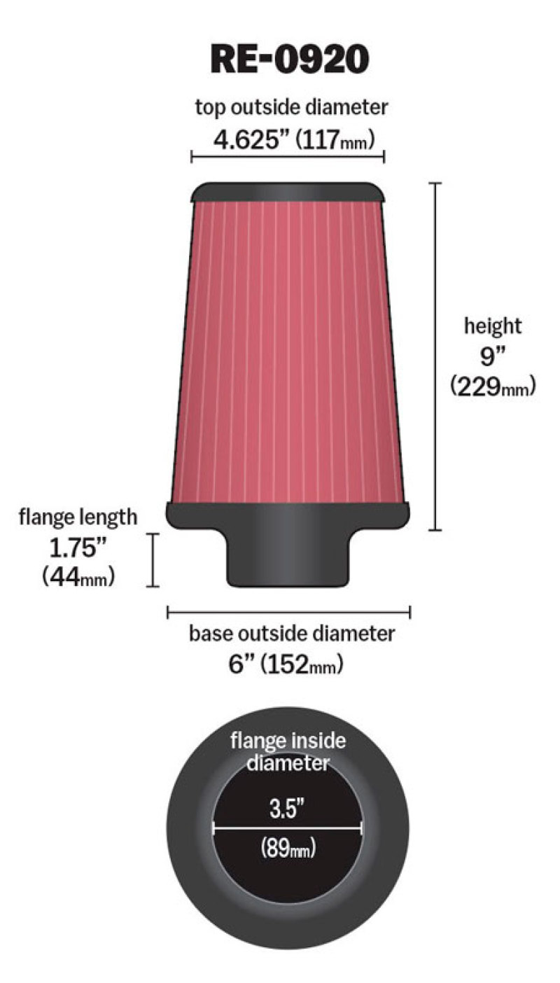 K&N Universal Rubber Filter 3 1/2inch ID FLG / 6inch Base / 4-5/8inch Top / 9inch Height thumbnail 4