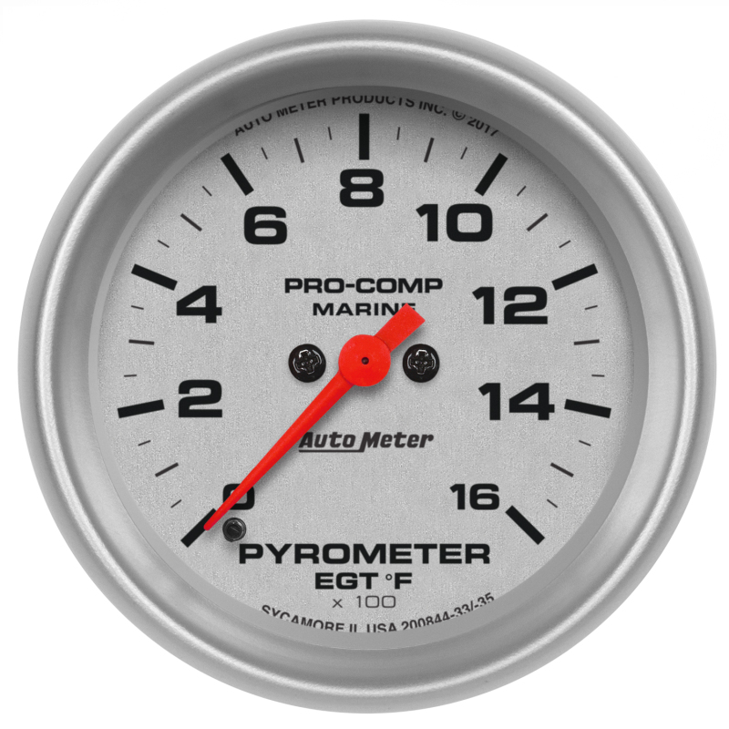 AutoMeter Pro-Comp Marine Analog Gauges 200844-33 Gauge, Marine, EGT/Pyrometer, 2 5/8 in., 0-1,600 degrees F, Full Sweep, Silver Face, Red Pointer, Silver Bezel, Electrical, Each thumbnail 3