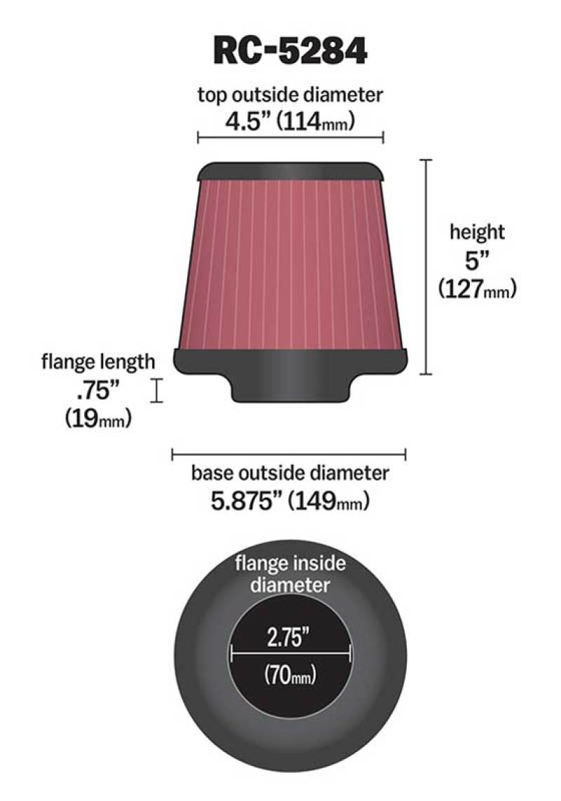 K&N Universal Clamp-On Air Filter 2-3/4in FLG / 5-7/8in B / 4-1/2in T / 5in H thumbnail 4