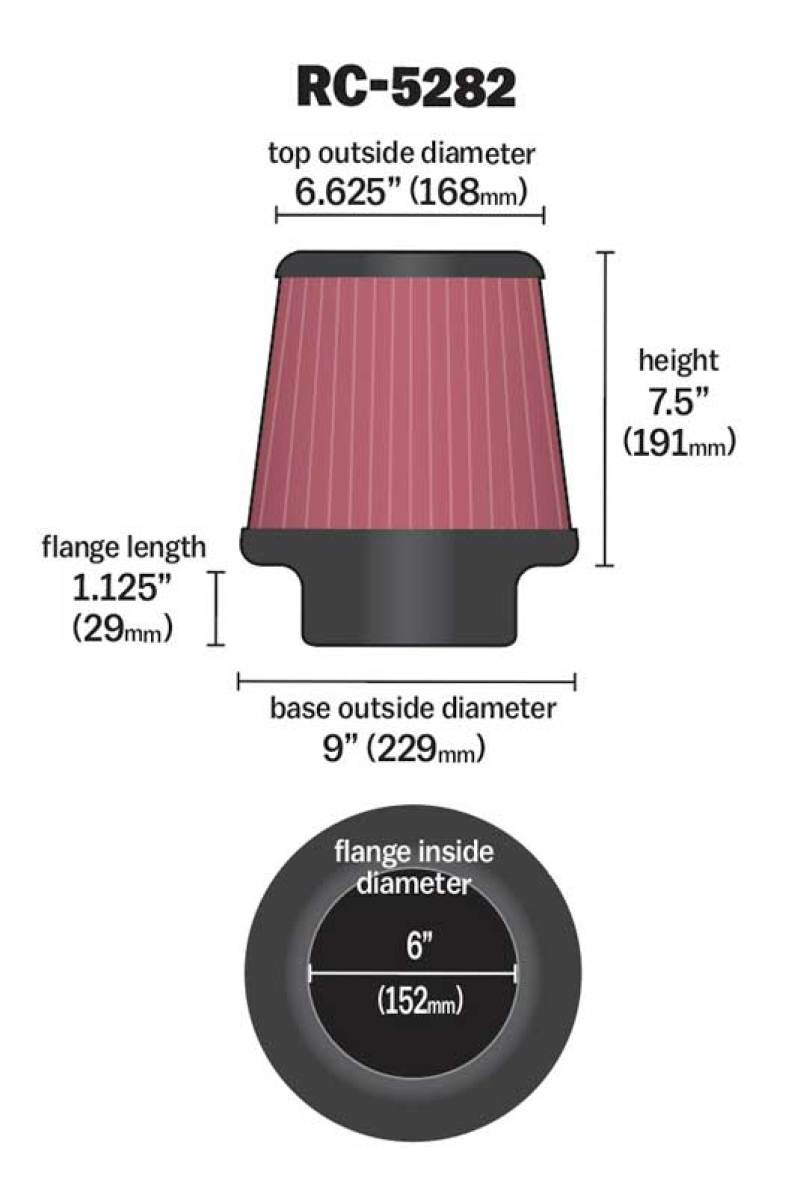 K&N Universal Round Tapered Filter 6in Flange ID x 9in Base OD x 6.625in Top OD x 7.5in Height thumbnail 5