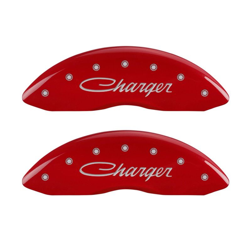 MGP 4 Caliper Covers Engraved Front & Rear Cursive/Charger Red finish silver ch thumbnail 4
