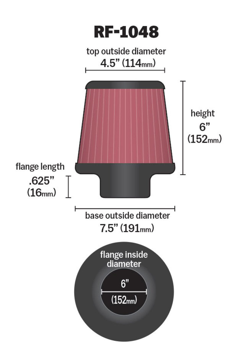 K&N Round Tapered Universal Air Filter 6in Flange ID x 7.5in Base OD x 4.5in Top OD x 6in H thumbnail 4