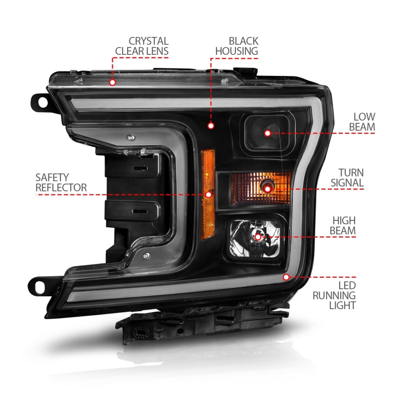 ANZO 2018-2020 Ford F-150 Projector Headlight w/ Plank Style Switchback Black Housing thumbnail 6