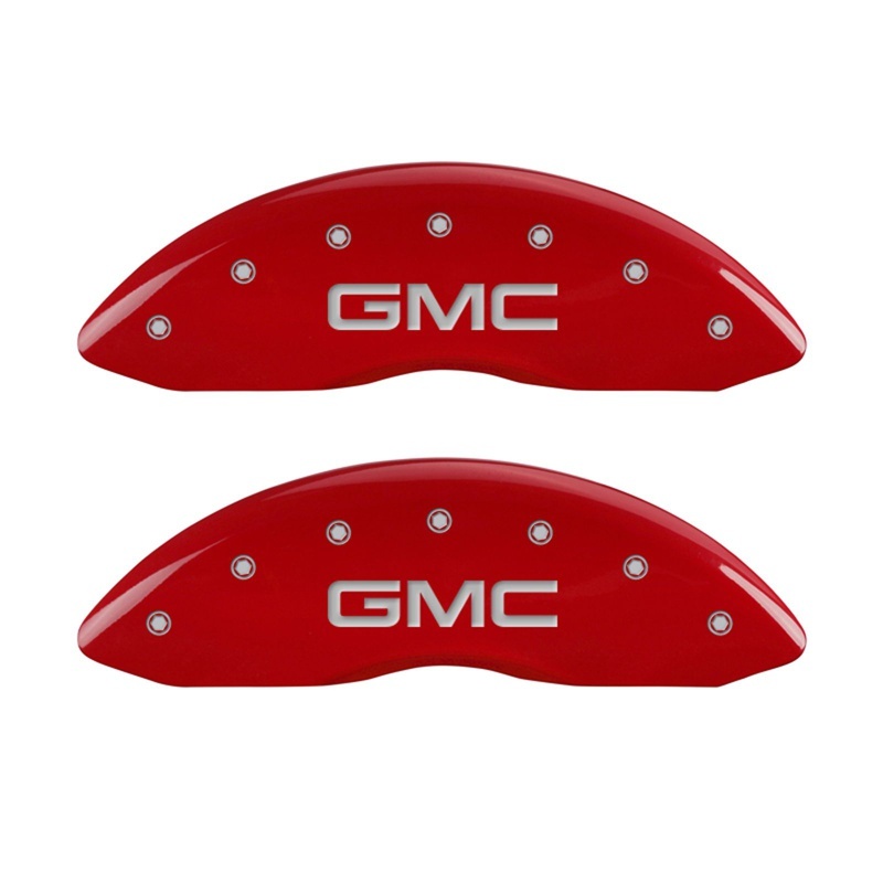 MGP Front set 2 Caliper Covers Engraved Front GMC Red finish silver ch thumbnail 3