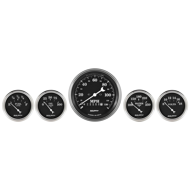 Auto Meter Gauge Kit 5 pc. 3 3/8in & 2 1/16in Elec. Speedometer Old Tyme Black thumbnail 3