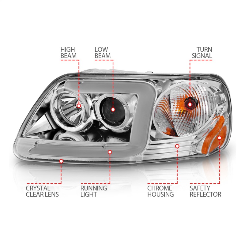 ANZO 1997-2003 Ford F-150 Projector Headlights w/ Light Bar Chrome Housing thumbnail 9