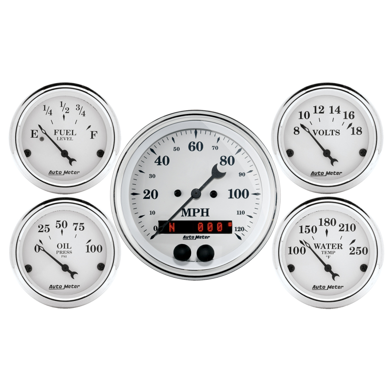 Auto Meter Speedometer 3-3/8in and 2-1/16in 5 Piece Old Tyme White Gauge Kit thumbnail 4
