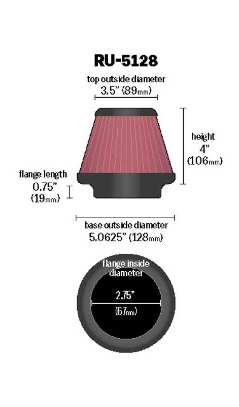 K&N Universal Tapered Filter 2.75in Flange ID x 5.0625in Base OD x 3.5in Top OD x 4in Height thumbnail 2