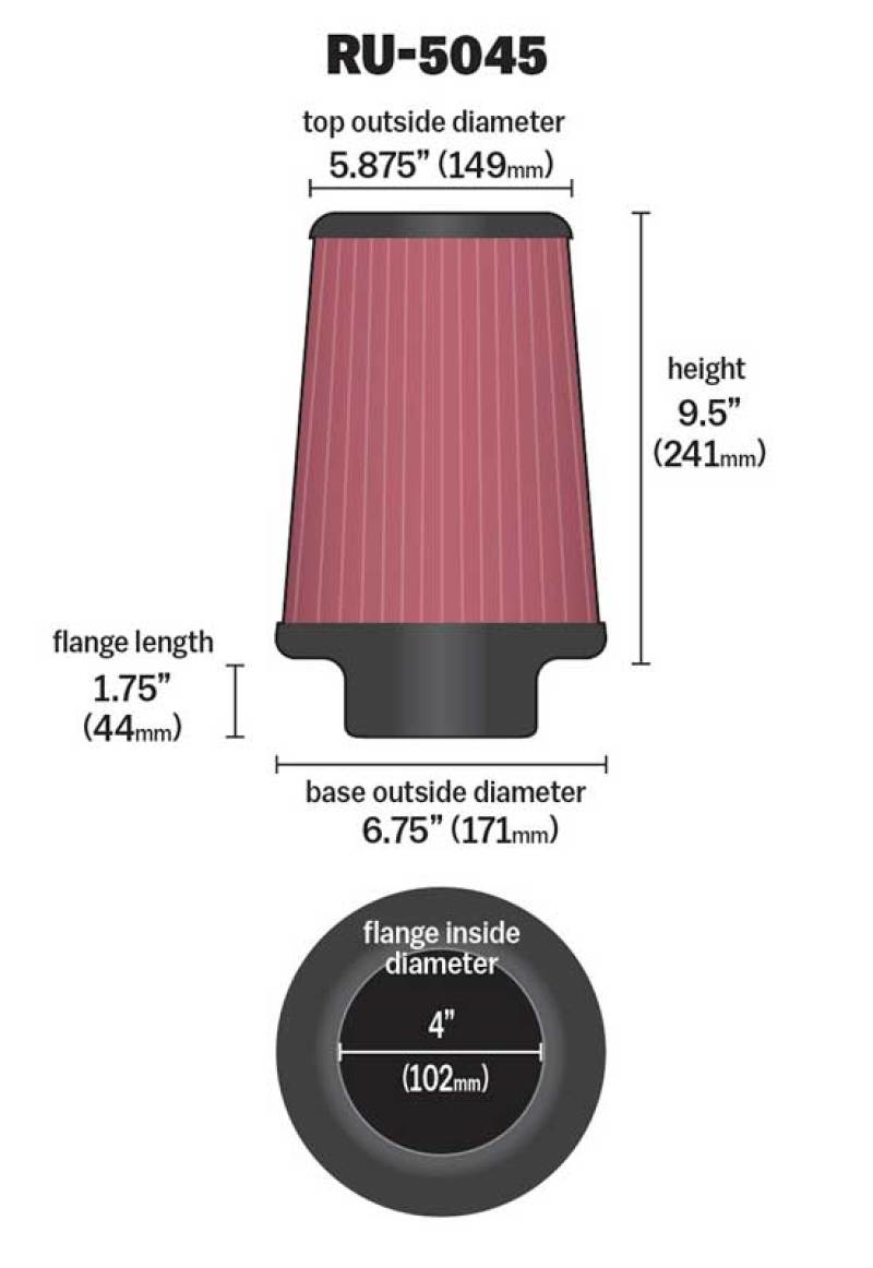 K&N Filter 4 inch Flange 6 3/4 inch OD Base 5 7/8 inch OD Top 9 1/2 inch Height thumbnail 4