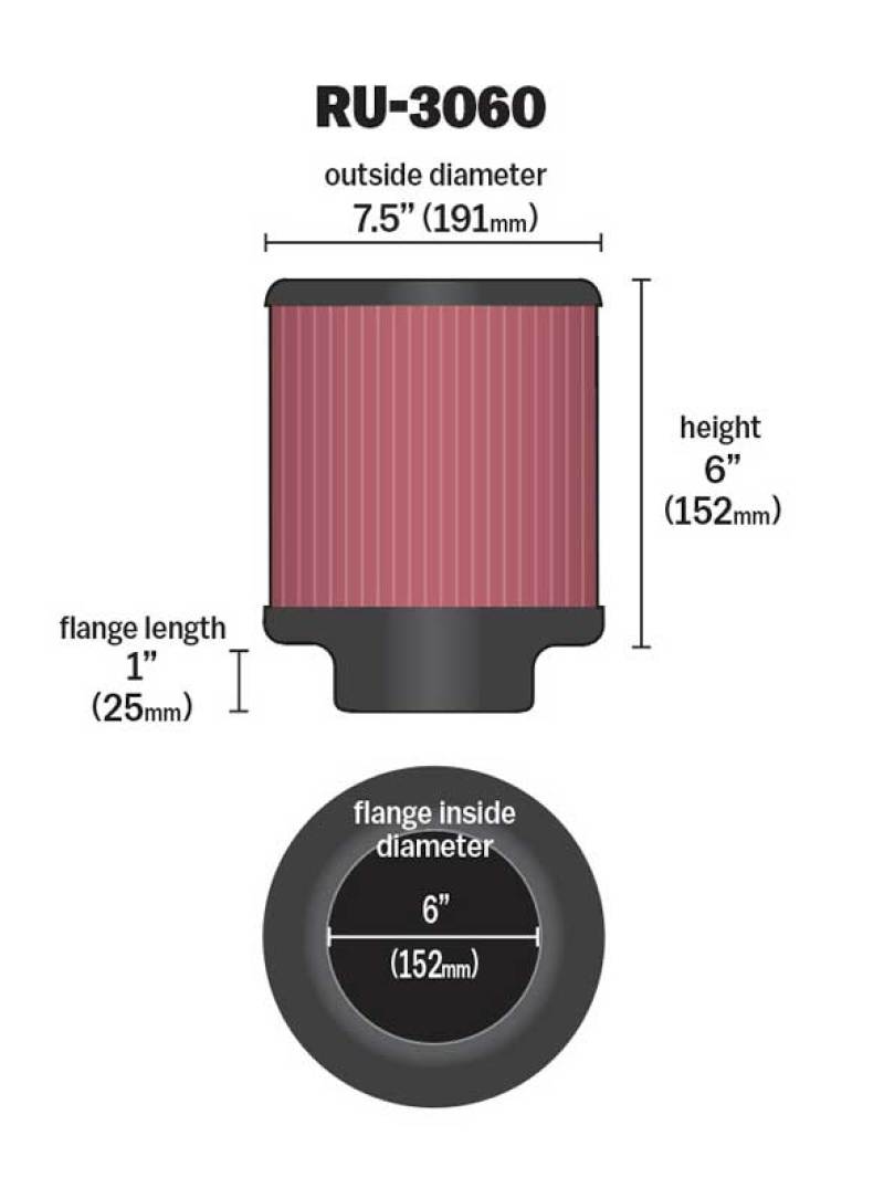 K&N Universal Rubber Filter 6in Flange ID / 7.5in OD / 6in Height / Round Straight thumbnail 4