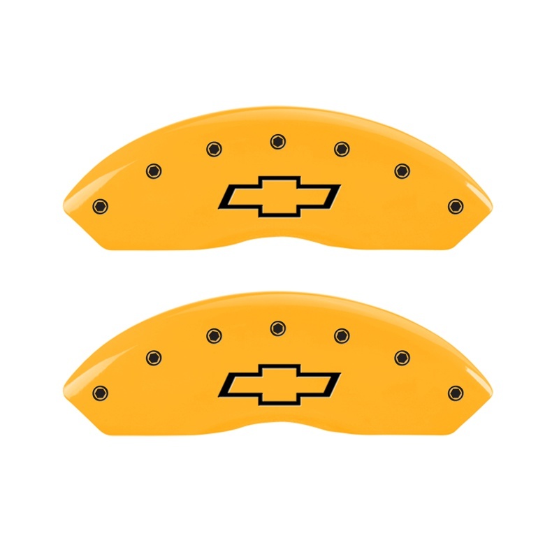 MGP 2 Caliper Covers Engraved Front Bowtie Yellow Finish Black Char 1999 Chevrolet Tahoe thumbnail 4