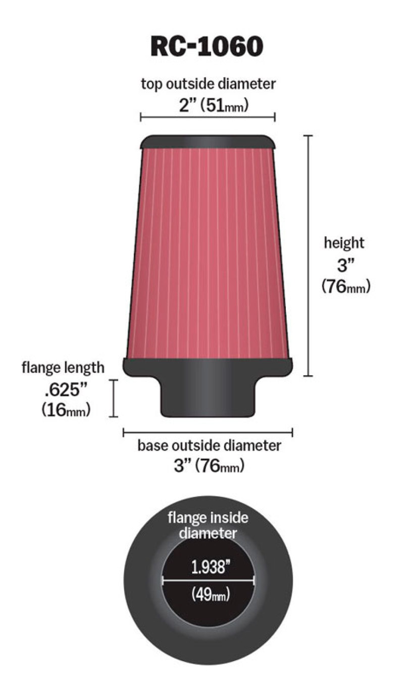 K&N Universal Chrome Filter 1 15/16 inch FLG / 3 inch Base / 2 inch Top / 3 inch Height thumbnail 9