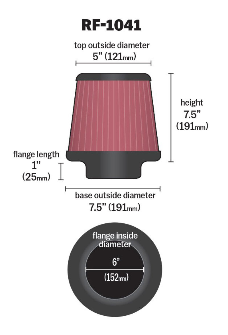 K&N Round Tapered Universal Air Filter 6 inch Flange 7 1/2 inch Base 5 inch Top 7 1/2 inch Height thumbnail 8