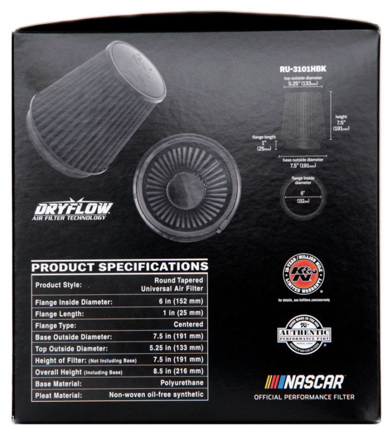K&N Universal Rubber Filter Round Tapered 6in Flange ID x 7.5in Base OD x 5.25in Top OD x 8in Height thumbnail 5