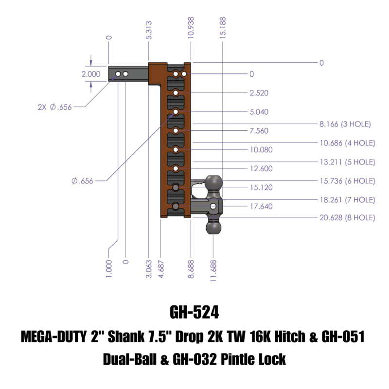 Gen-Y Mega Duty 2in Shank 7.5in Drop 2K TW 16K Hitch w/GH-051 Dual-Ball/GH-032 Pintle Lock
Drop Hitch