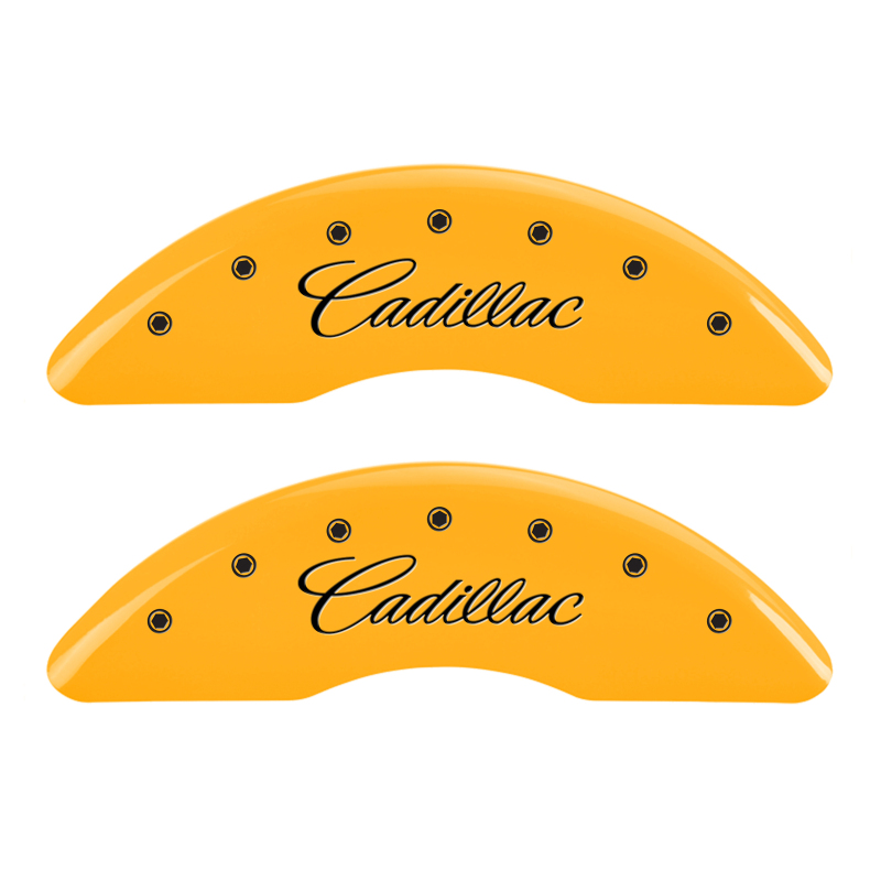 MGP 4 Caliper Covers Engraved Front Cursive/Cadillac Engraved Rear CTS Yellow finish black ch thumbnail 4