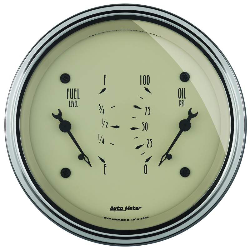 AutoMeter Gauge Dual Fuel & Oilp 3-3/8in. 0 Ohm(e) to 90 Ohm(f)& 100PSI Elec Antique Beige thumbnail 4