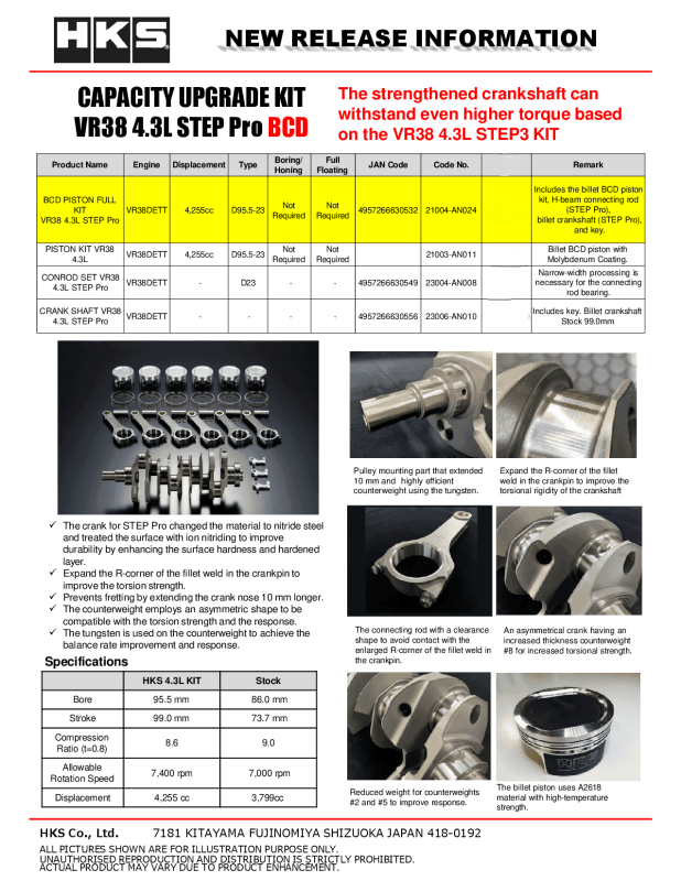 HKS BCD Piston Kit VR38 4.3L STEP Pro thumbnail 2