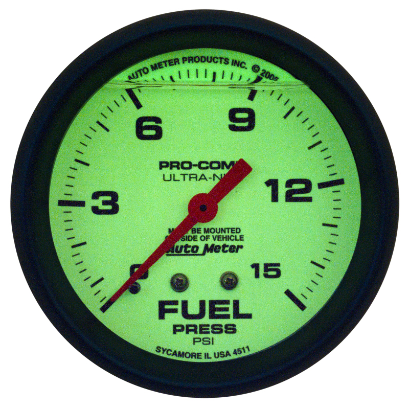Autometer Ultra-Nite 2-5/8in 15psi Mechanical Glow In The Dark Fuel Pressure Gauge