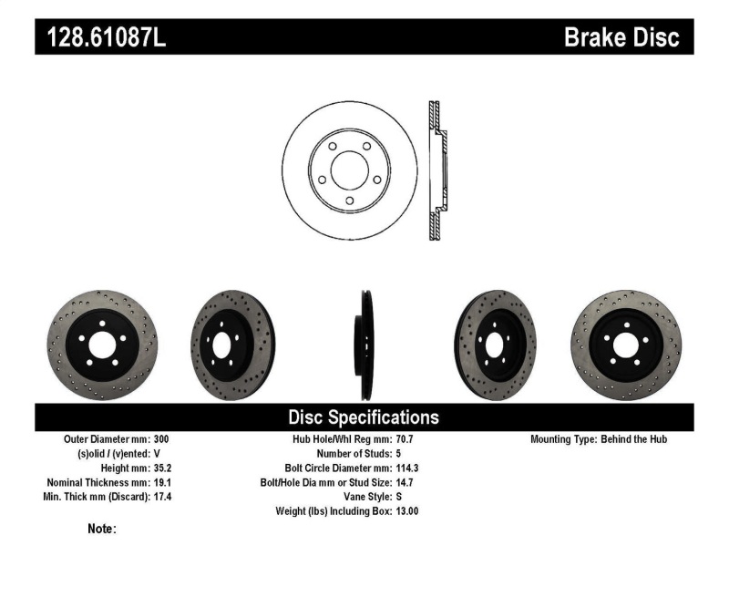 StopTech 05-10 Ford Mustang V6/4.0L / GT V8/4.6L Cross Drilled Left Rear Rotor thumbnail 3