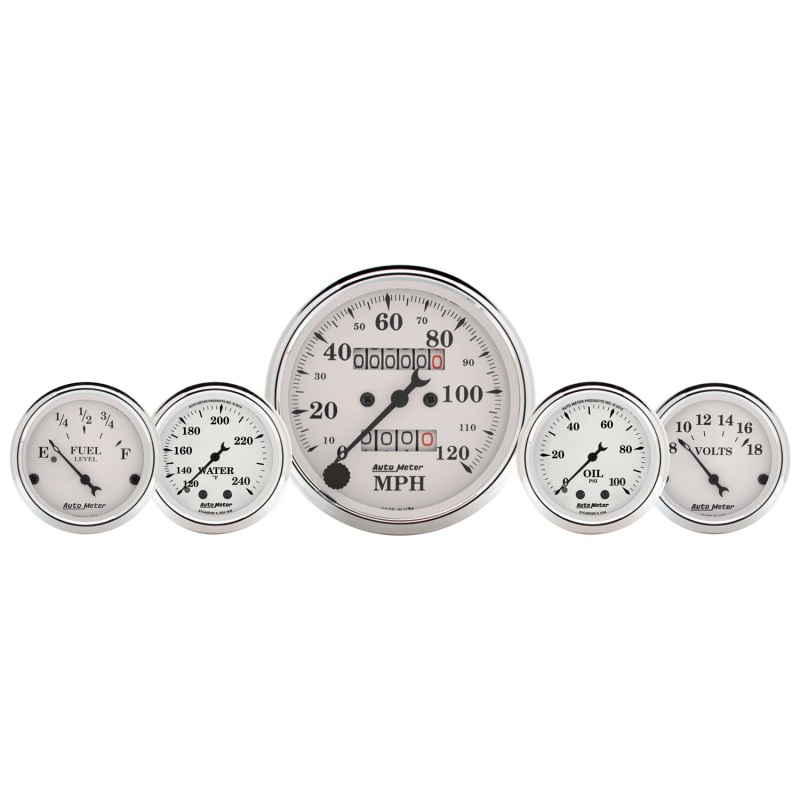 AutoMeter Gauge Kit 5 Pc. 3-1/8in. & 2-1/16in. Mech. Speedo. Wtmp & Oilp Old Tyme Wht thumbnail 3