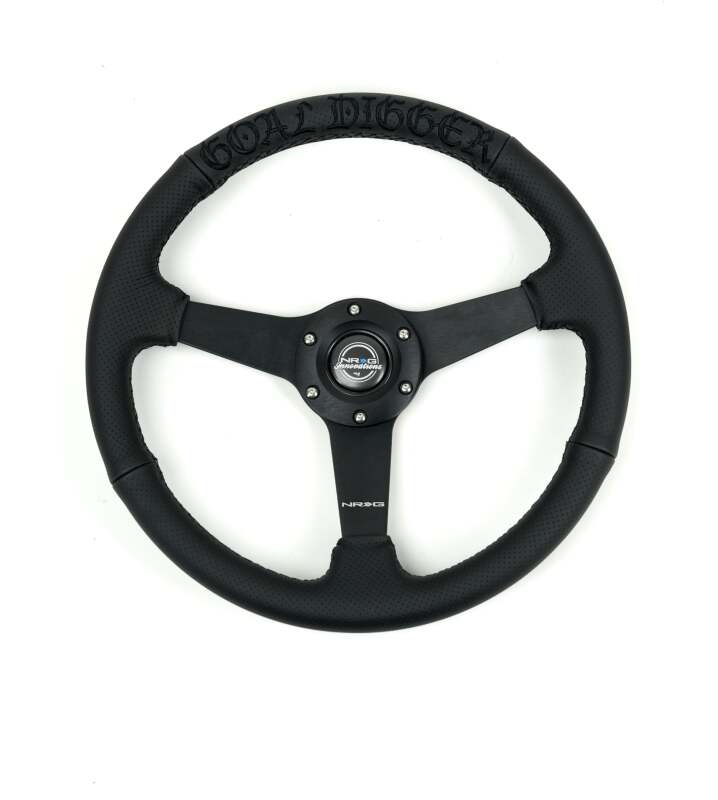 NRG Reinforced Black Perforated Leather Steering Wheel 350mm / 1.5in Deep w/ Goal Digger Blk Stitch thumbnail 6
