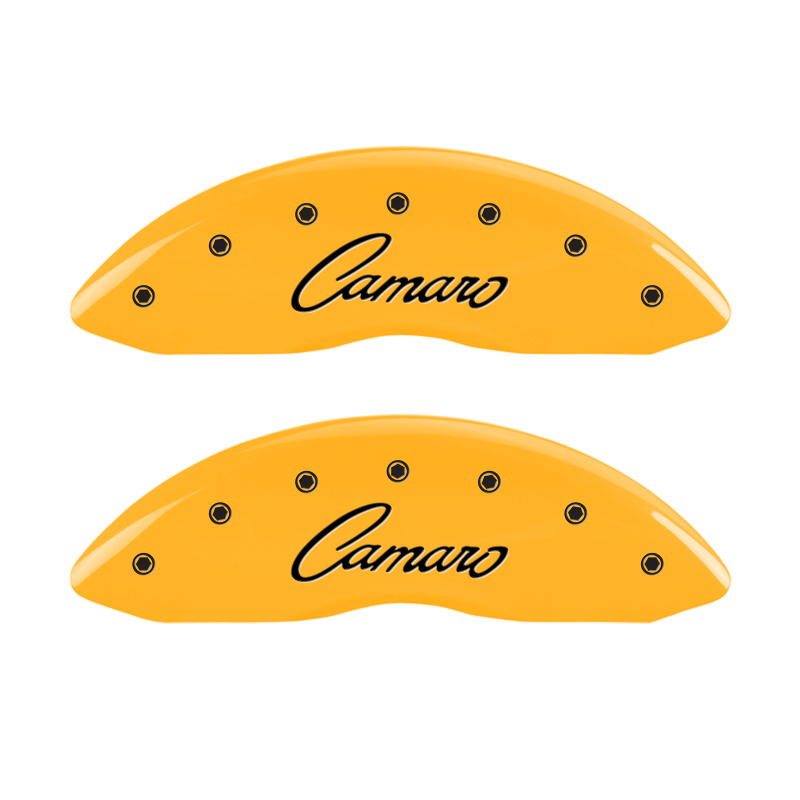 MGP 4 Caliper Covers Engraved Front & Rear Cursive/Camaro Yellow finish black ch thumbnail 4