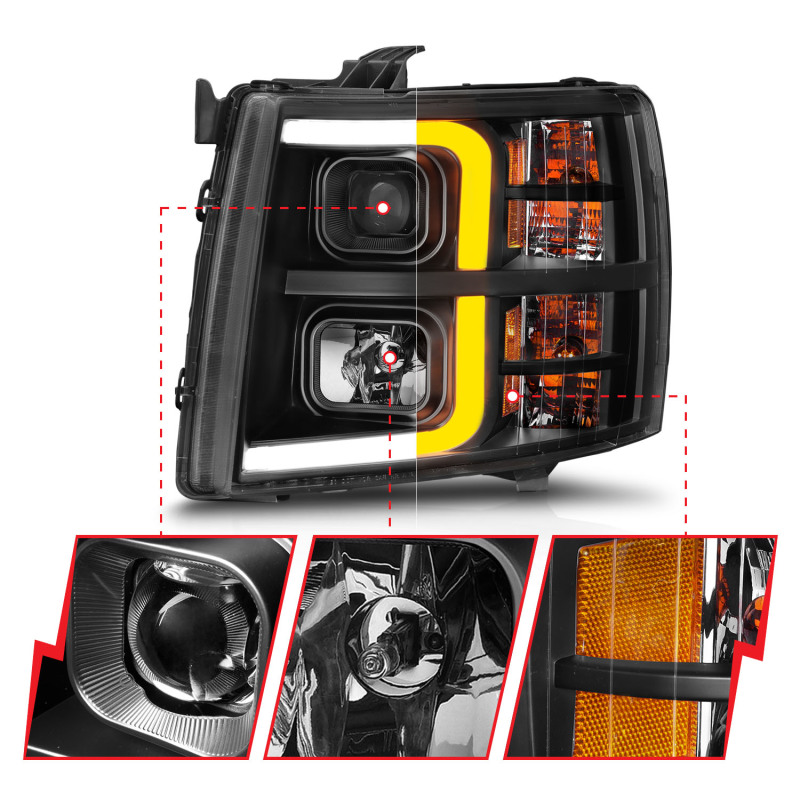 ANZO 2007-2013 Chevrolet Silverado 1500 Projector w/ Light Bar Black Housing w/ Sequential thumbnail 5