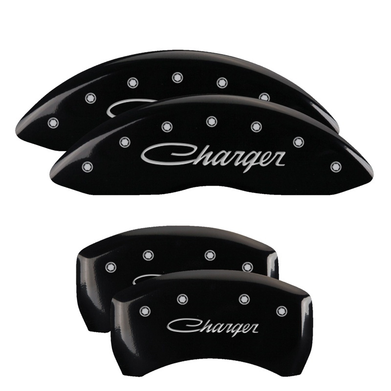 MGP 4 Caliper Covers Engraved Front & Rear Cursive/Charger Black finish silver ch thumbnail 2