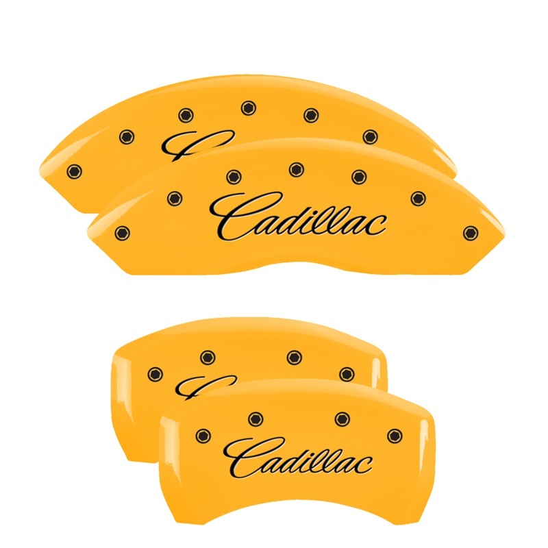 MGP 4 Caliper Covers Engraved Front Cursive/Cadillac Engraved Rear CTS Yellow finish black ch thumbnail 6