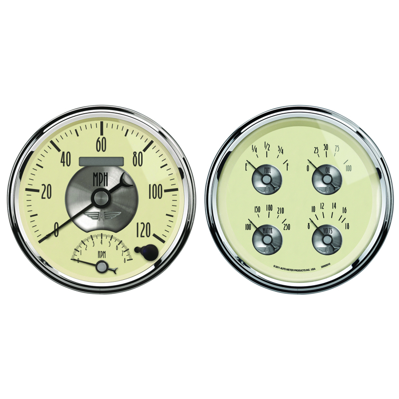 AutoMeter Gauge Kit 2 Pc. Quad & Tach/Speedo 5in. Prestige Antique. Ivory thumbnail 4