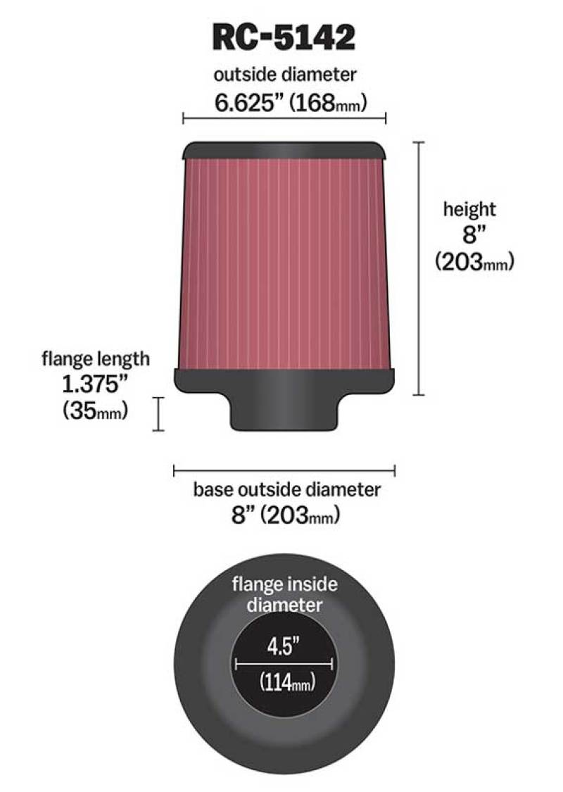 K&N Universal Clamp-On Air Filter inch FLG 4.5inch Base 4 inch Top 4-1/2in FLG 8in Base thumbnail 3