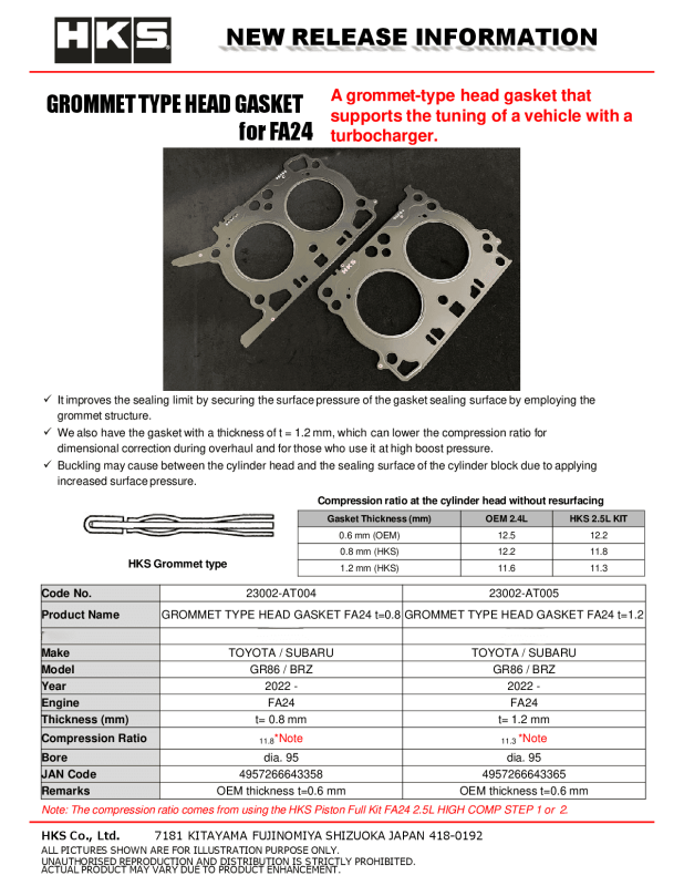 HKS Subaru FA24 0.8mm Thickness 11.8 CR Grommet Type Head Gasket thumbnail 2