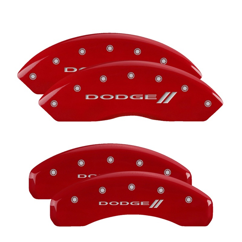 MGP 4 Caliper Covers Engraved Front & Rear With stripes/Dodge Red finish silver ch thumbnail 5