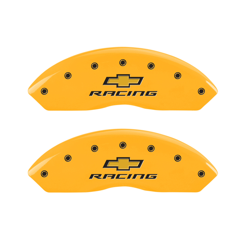 MGP 4 Caliper Covers Engraved Front & Rear Chevy Racing Yellow Power Coat Finish Black Characters thumbnail 6
