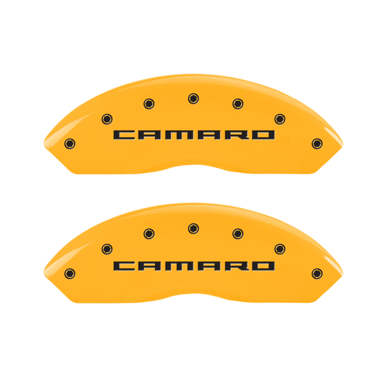 MGP 4 Caliper Covers Engraved Front Gen 5/Camaro Engraved Rear Gen 5/RS Yellow finish black ch thumbnail 5