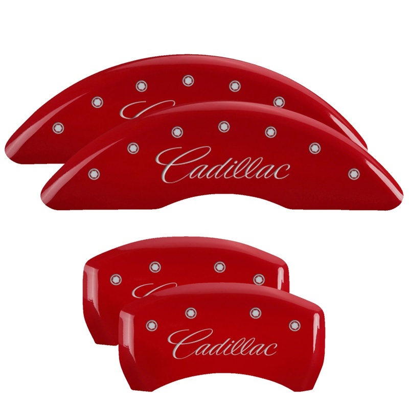 MGP 4 Caliper Covers Engraved Front & Rear Cursive/Cadillac Red finish silver ch thumbnail 5