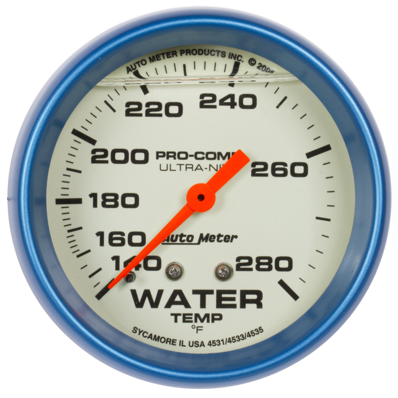 Autometer Ultra-Nite 2-5/8in 140-280 Degree Liquid Filled Mechanical Glow In Dark Water Temp Gauge thumbnail 7