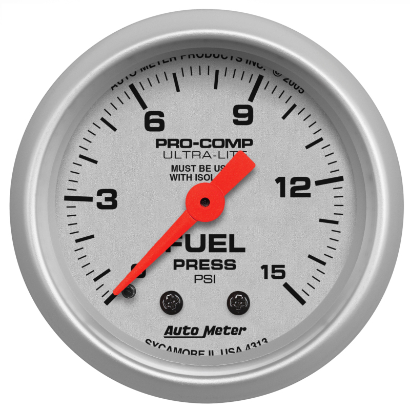 Autometer Ultra-Lite 2-1/16in 0-15 PSI Mechanical Fuel-Pressure Gauge w/ Isolator thumbnail 4