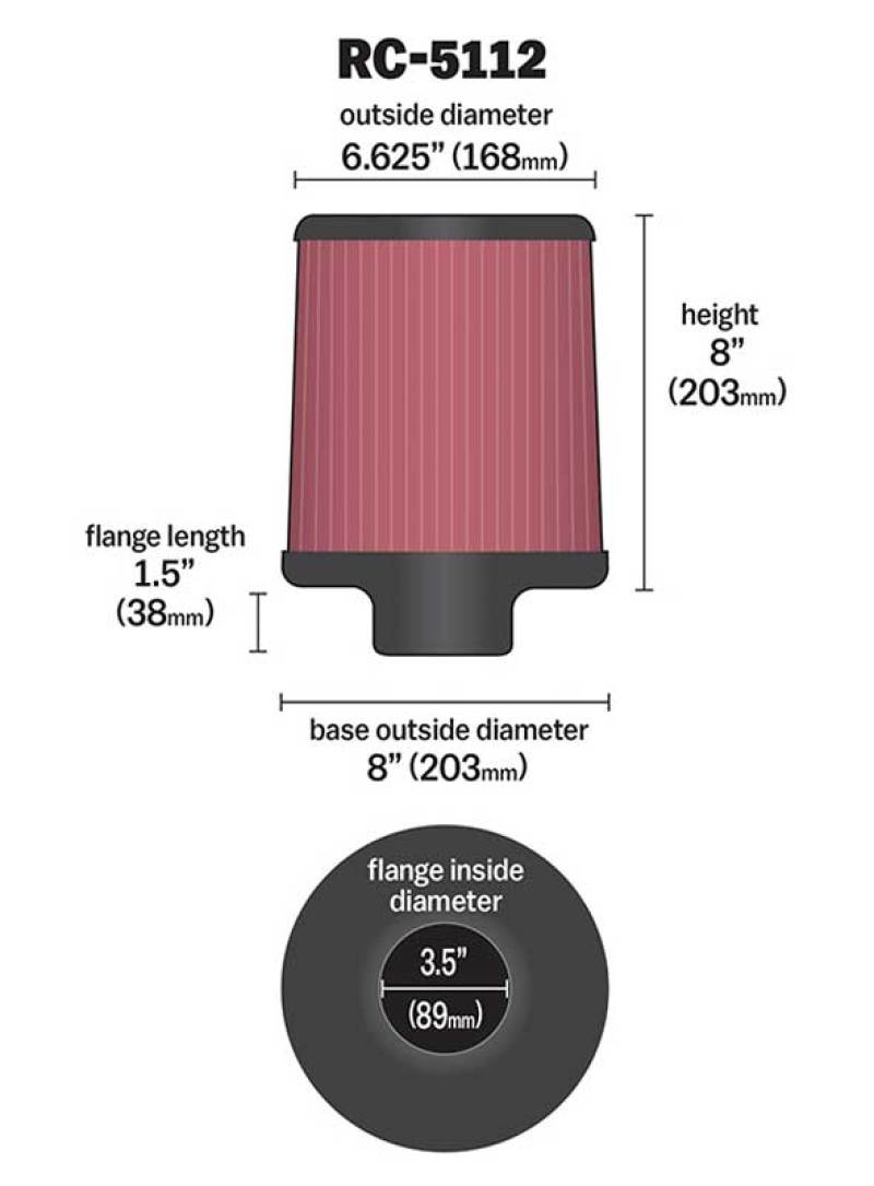 K&N Filter Universal Rubber Filter 3.5in Flange 6.625in Top 8in Height Center Hole thumbnail 4