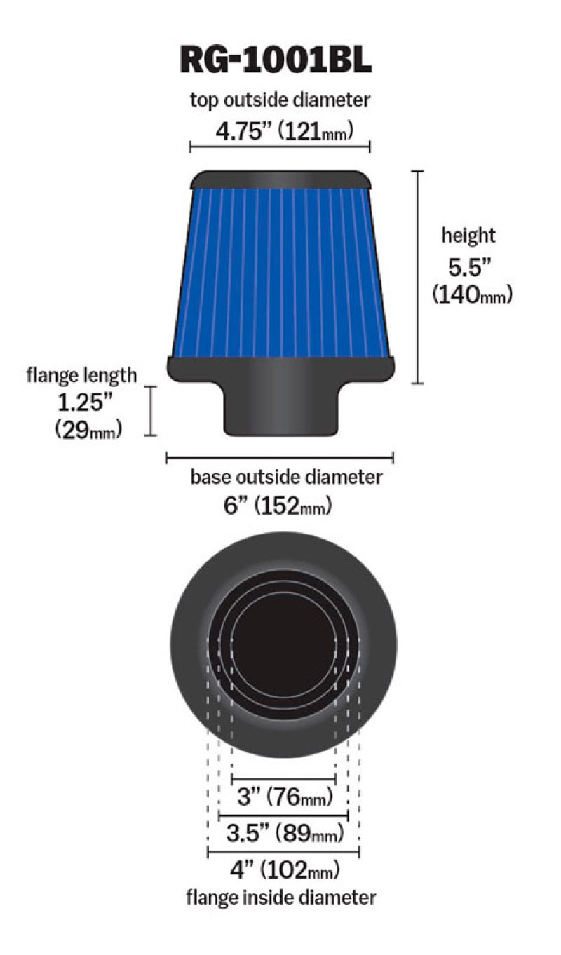 K&N Universal Air Filter Chrome Round Tapered Blue - 4in Flange ID x 1.125in Flange Length x 5.5in H thumbnail 4