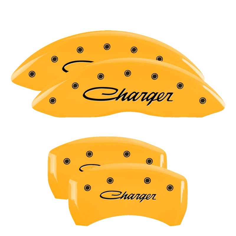 MGP 4 Caliper Covers Engraved F & R Cursive/Charger Yellow Finish Black Char 2006 Dodge Charger thumbnail 6