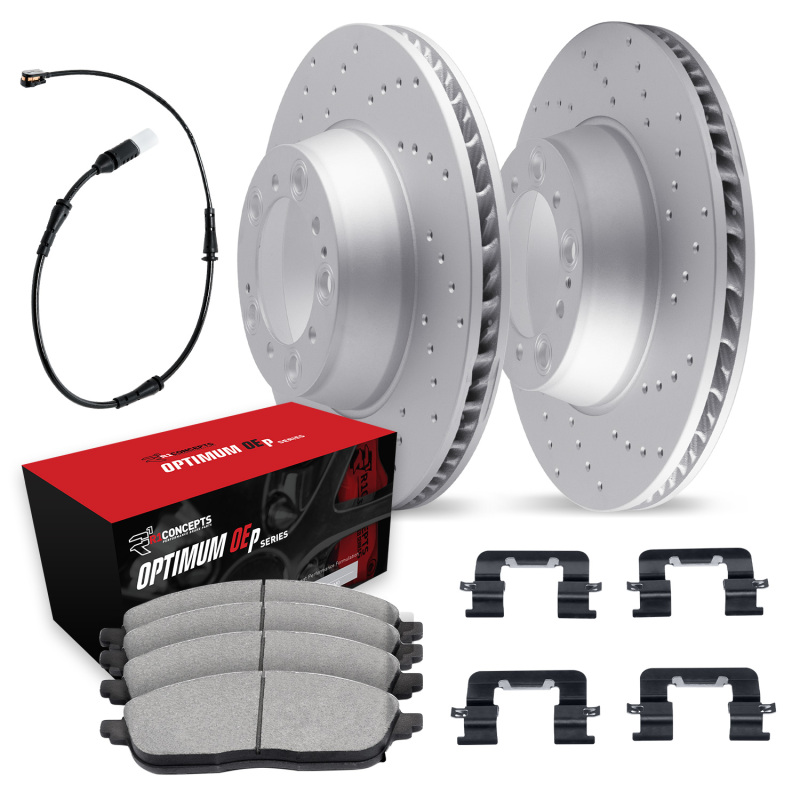 R1 Concepts 15-20 BMW M2/M3/M4 Drilled Carbon Rotor Set w/ Optimum OEp Pads (Incl. Hardware) - Frnt
